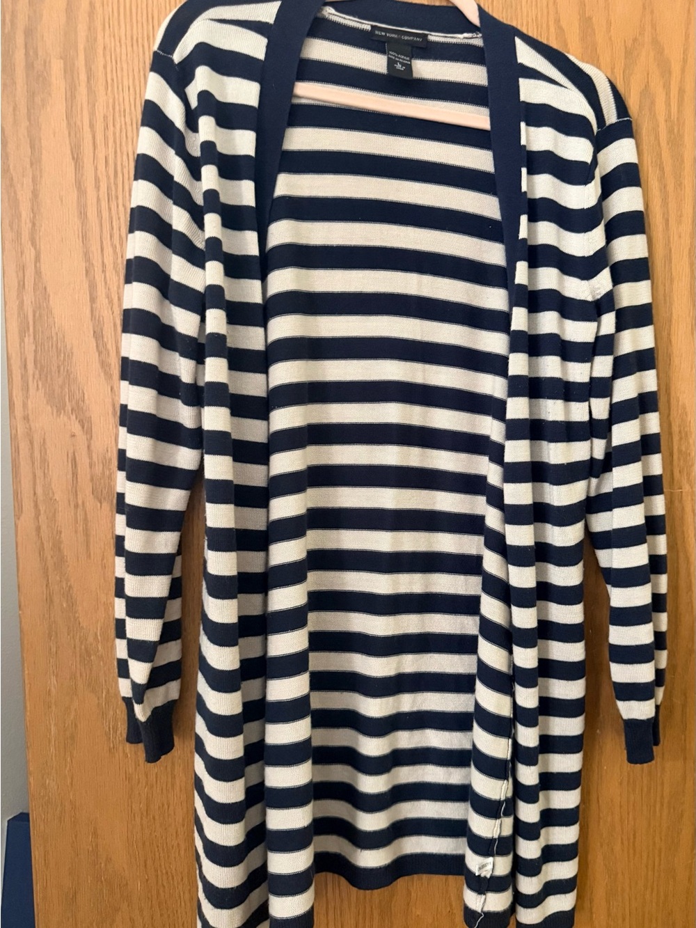 New York & Company Navy and White Striped Open Cardigan